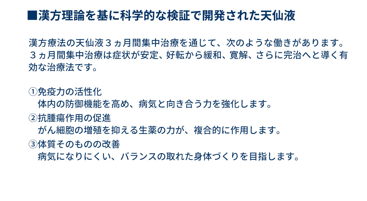 「漢方の特性は継続使用することです。抗がん漢方の天仙液は、漢方の特性を活かす3ヵ月間集中治療で、安定から好転、寛解を目指す効果的な使用法です。」（天仙液研究開発者・王振国医師）